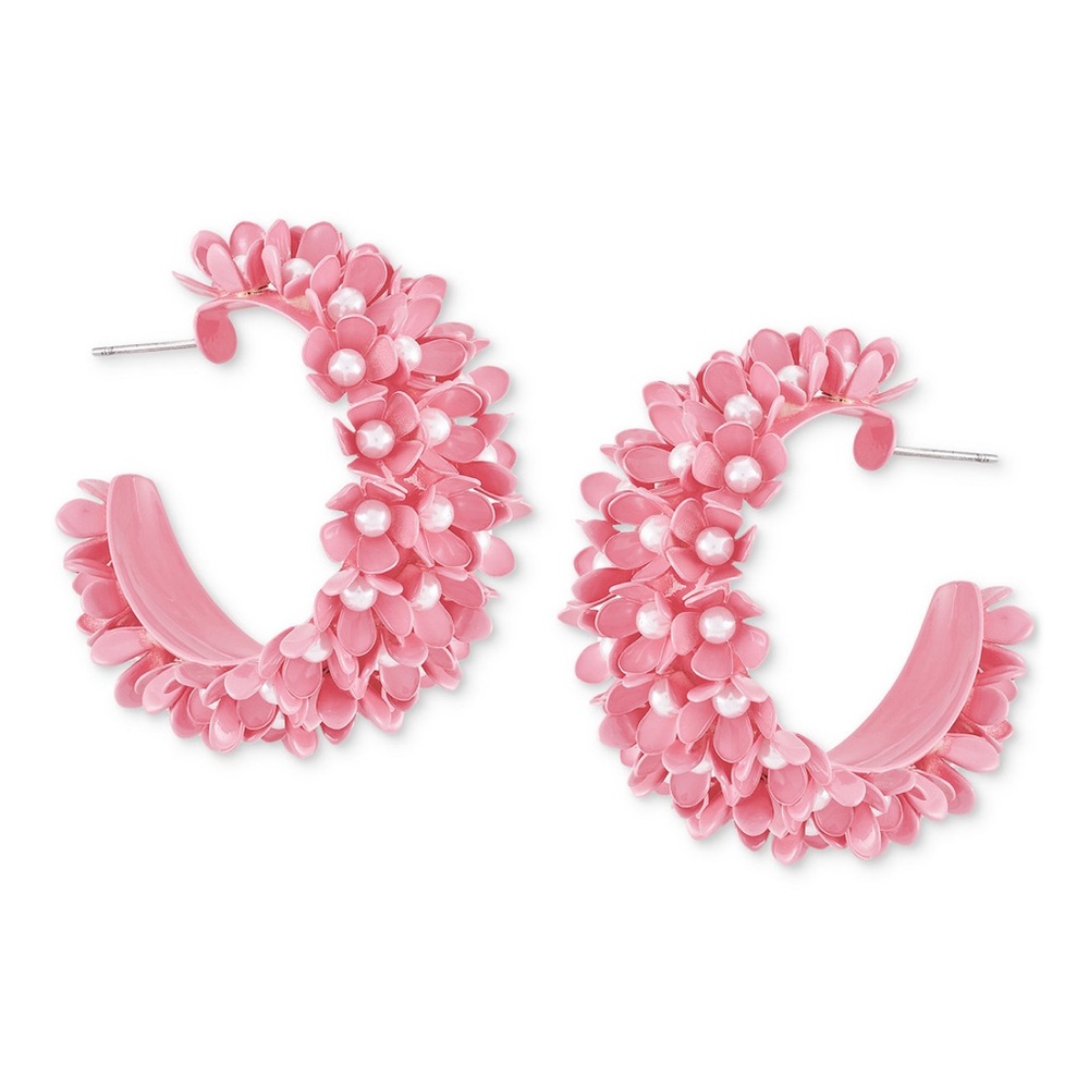 New!! Guess Pink-Tone Medium Imitation Pearl Flower C-Hoop Earrings, 1.69"